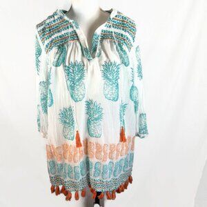 Crown & Ivy Womens Med Pineapple Shirt White with Green Pineapple Orange Fringe